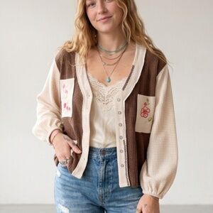 POL Embroidered Patchwork Thermal Cardigan Boho Cottagecore Top SZ S